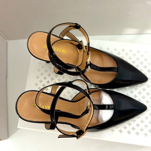 SEKAYISORE Women Black Point-Toe Ankle Strap Buckle Patent Leather 4 Inch Heels - Picture 6 of 6